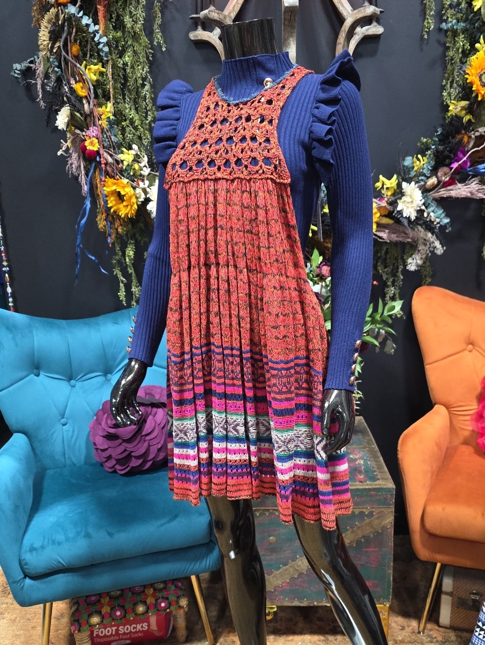 Free People Crochet Yoke Tiered Mini Dress in Multi Knit Accents